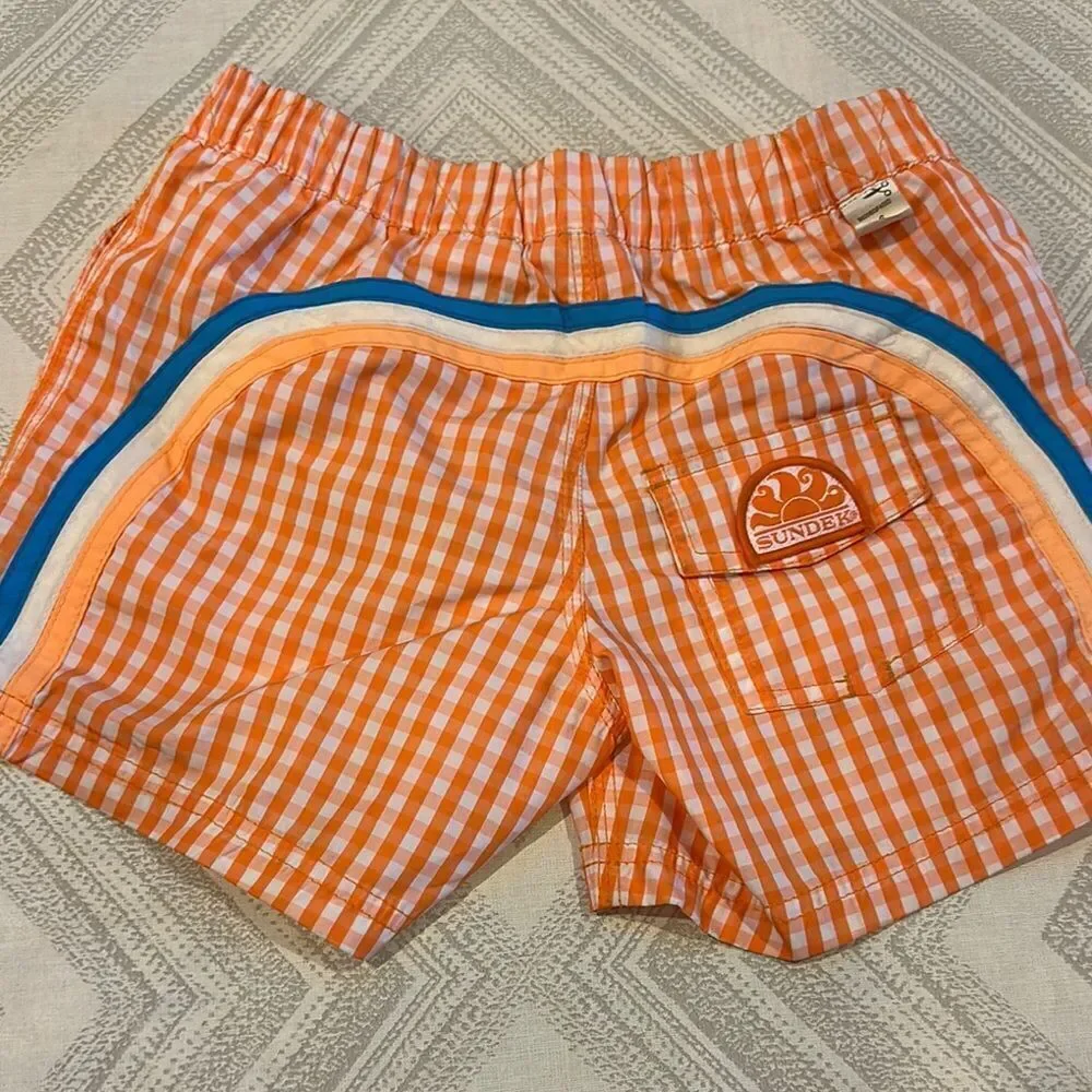 Sundek Boys (2) Elastic Waist Solid Blue and Orange Gingham Bathing Suits: 6